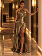 Women’s Metallic Glamorous Halter Neck Sleeveless Backless A-Line Maxi Dress with Ruched Waist and High Slit
