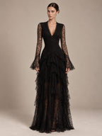 Women’s Champagne Elegant Floral Lace Deep V-Neck Long Sleeve A-Line Maxi Dress with Tiered Ruffle Detail