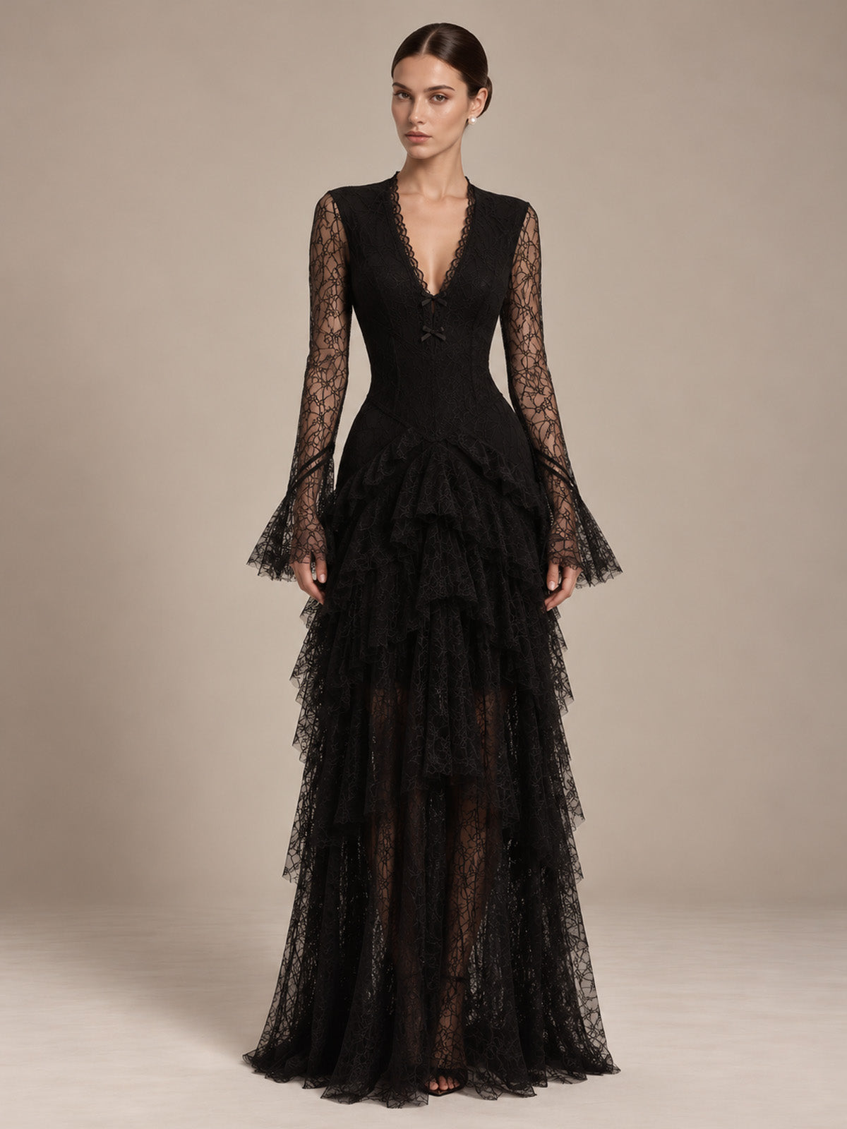 Women’s Champagne Elegant Floral Lace Deep V-Neck Long Sleeve A-Line Maxi Dress with Tiered Ruffle Detail