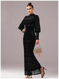 Women’s Black Elegant Sequin High Neck Puff Sleeve Long Sleeve Bodycon Maxi Dres