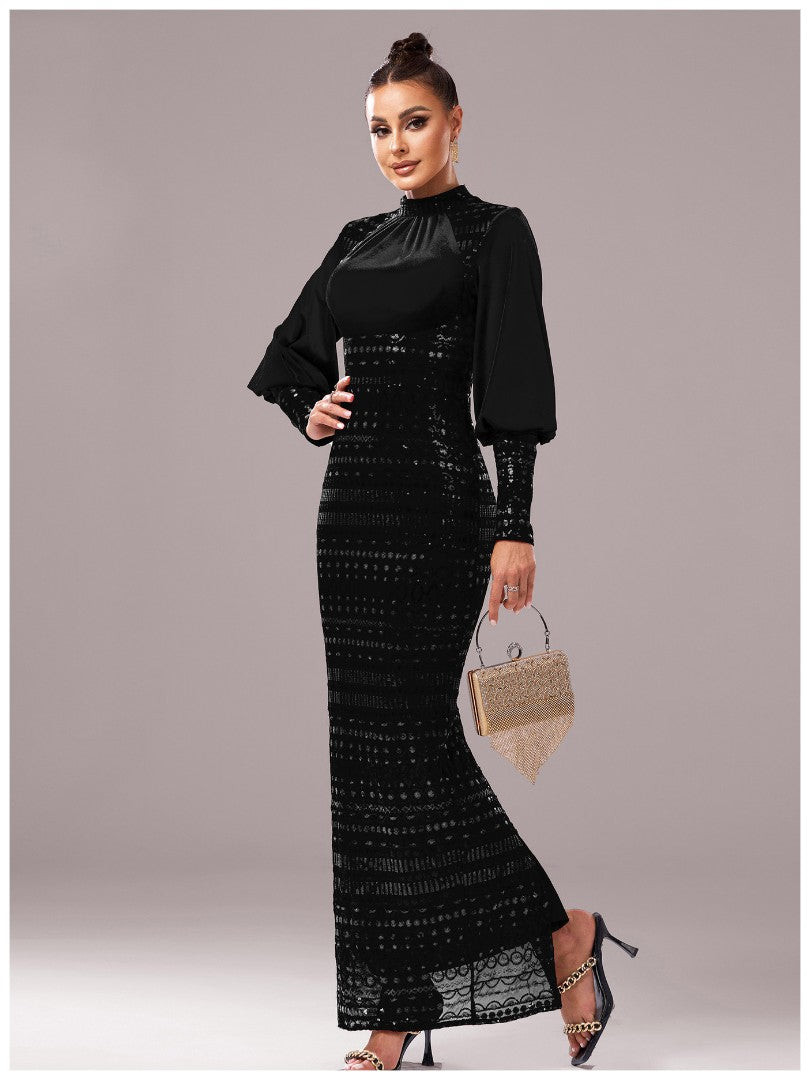 Women’s Black Elegant Sequin High Neck Puff Sleeve Long Sleeve Bodycon Maxi Dres