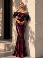 Women’s Burgundy Purple Glamorous Sequin Off-Shoulder Short Sleeve Mermaid Maxi Dress with Black Bow Detail