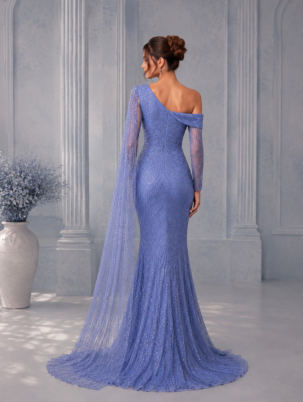 Women’s Elegant Sequin Asymmetrical Neck One Long Sleeve Regular Mermaid Maxi Dress with Beaded Detail