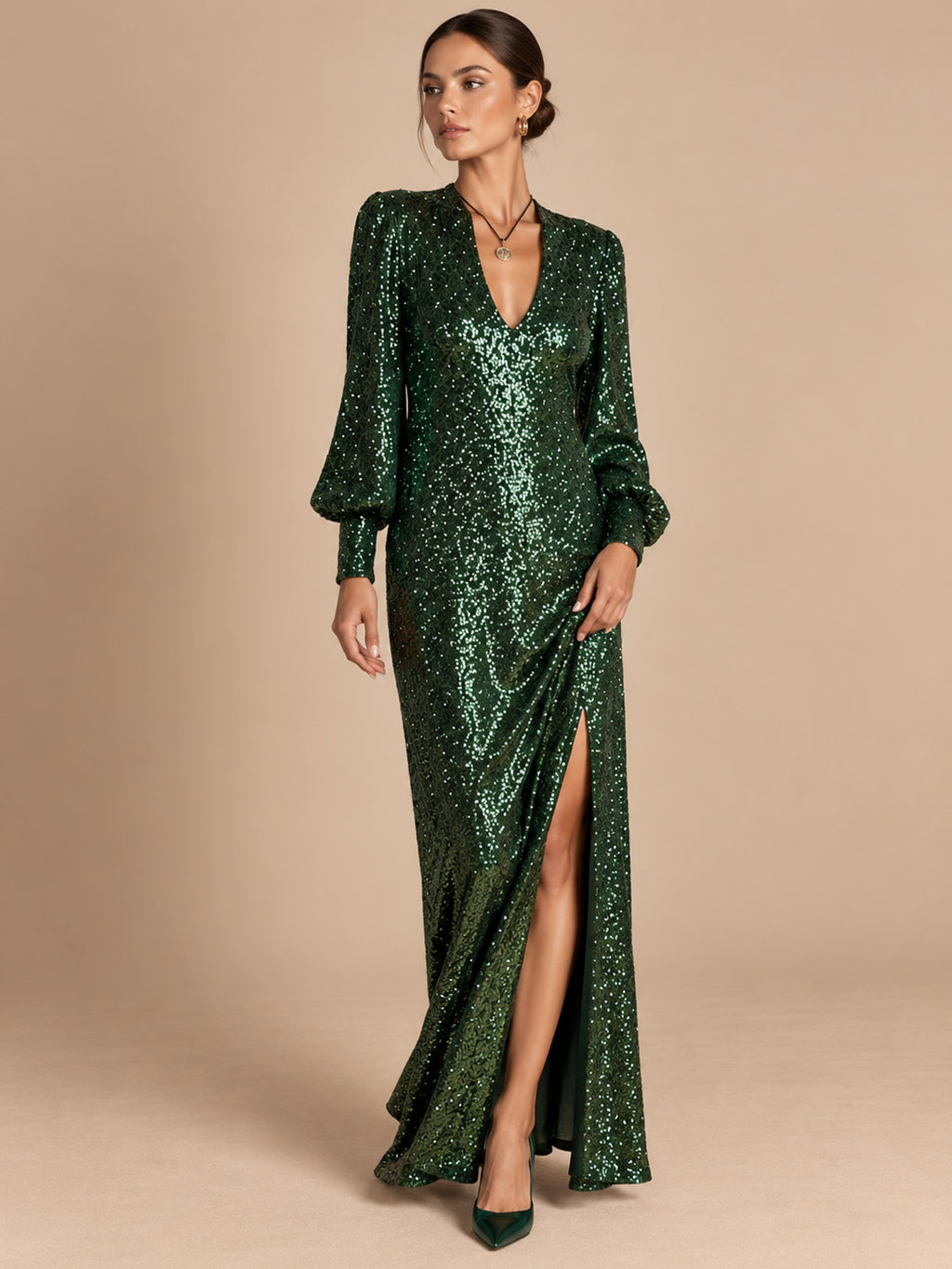 Women’s Champagne Gold Glamorous Sequin V-Neck Long Balloon Sleeve Shift Maxi Dress with Asymmetric Hem Detail