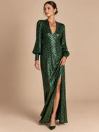Women’s Champagne Gold Glamorous Sequin V-Neck Long Balloon Sleeve Shift Maxi Dress with Asymmetric Hem Detail