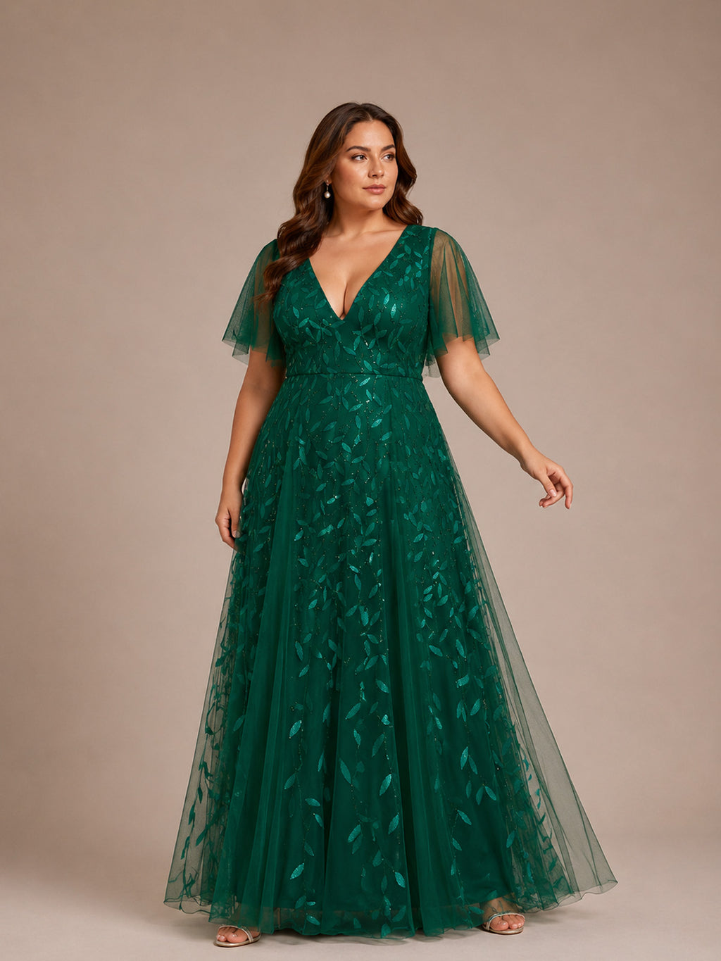 Women’s Burgundy Glamorous Sequin Mesh V Neck Flutter Short Sleeve A-Line Maxi Dress with Embellished Detail