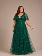 Women’s Burgundy Glamorous Sequin Mesh V Neck Flutter Short Sleeve A-Line Maxi Dress with Embellished Detail