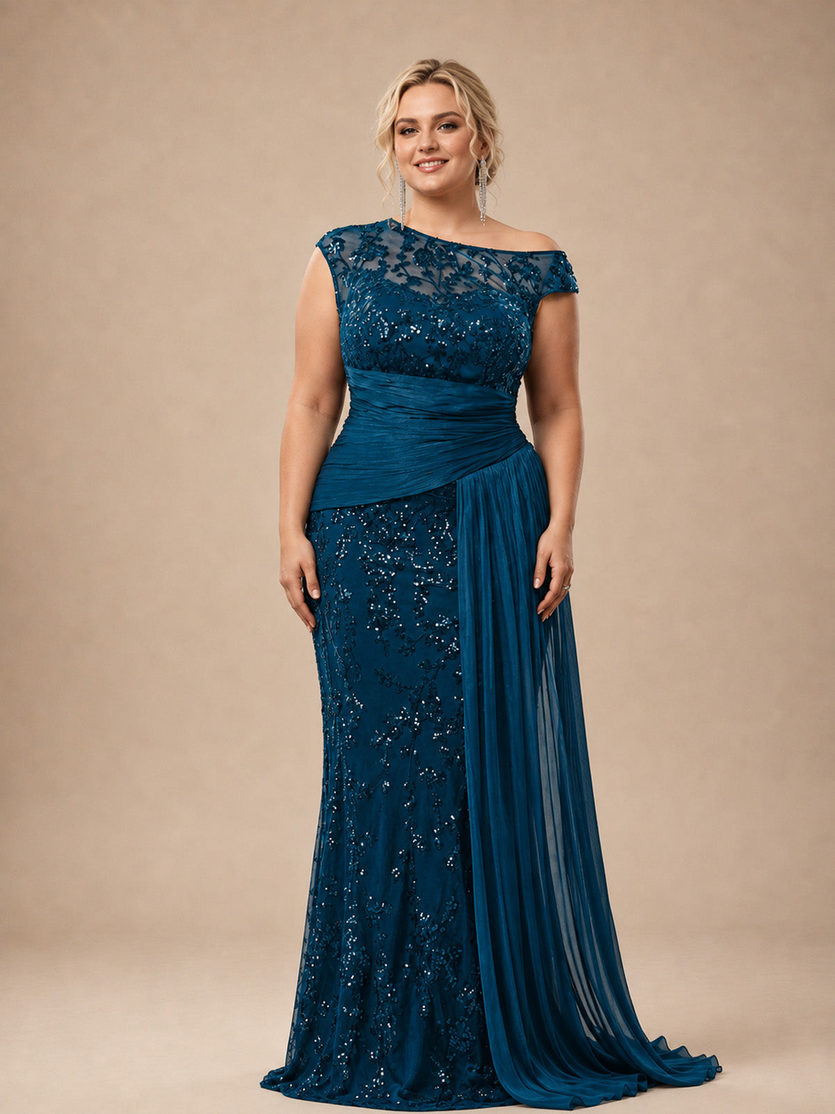 Women’s Black Elegant Sequin Lace Asymmetric Neck Cap Sleeve Mermaid Maxi Dress with Draped Side Panel