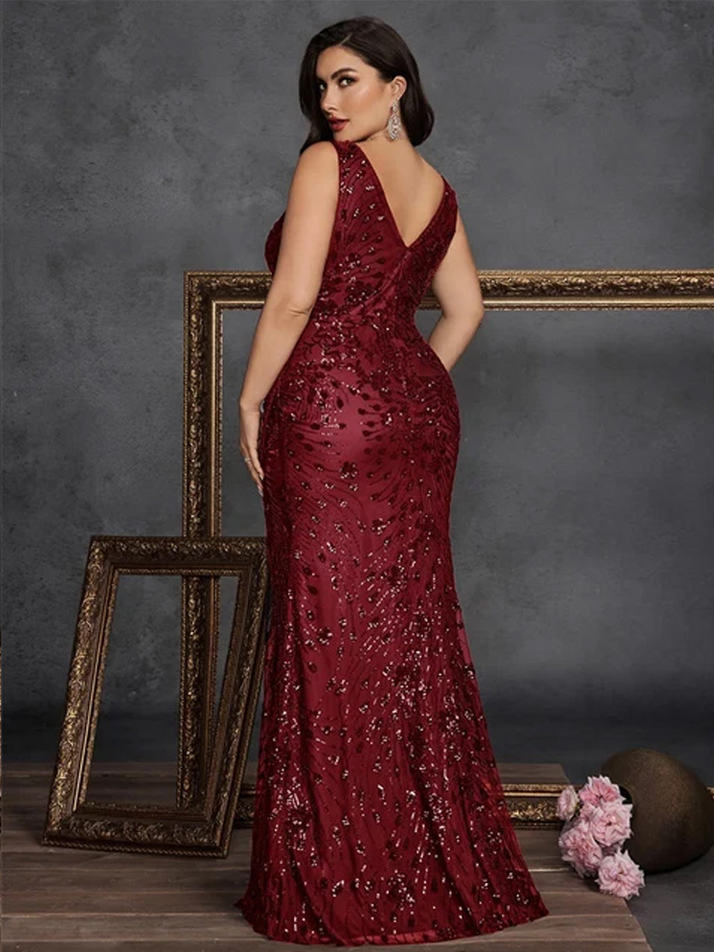 Women’s Olive Glamorous Sequin V Neck Sleeveless High Slit Maxi Dress