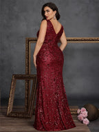 Women’s Olive Glamorous Sequin V Neck Sleeveless High Slit Maxi Dress