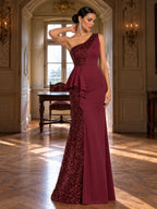 Women’s Emerald Green Elegant Sequin One Shoulder Sleeveless Mermaid Maxi Dress with Asymmetric Ruffle and Colorblock Detail