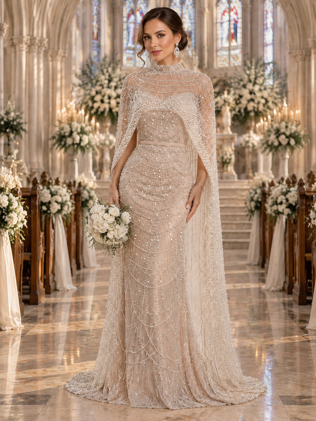 Women’s Champagne Beaded Mermaid Wedding Dress High Neck Long Sleeve Bridal Gown with Crystal Embellished Cape Detail