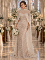 Women’s Champagne Beaded Mermaid Wedding Dress High Neck Long Sleeve Bridal Gown with Crystal Embellished Cape Detail