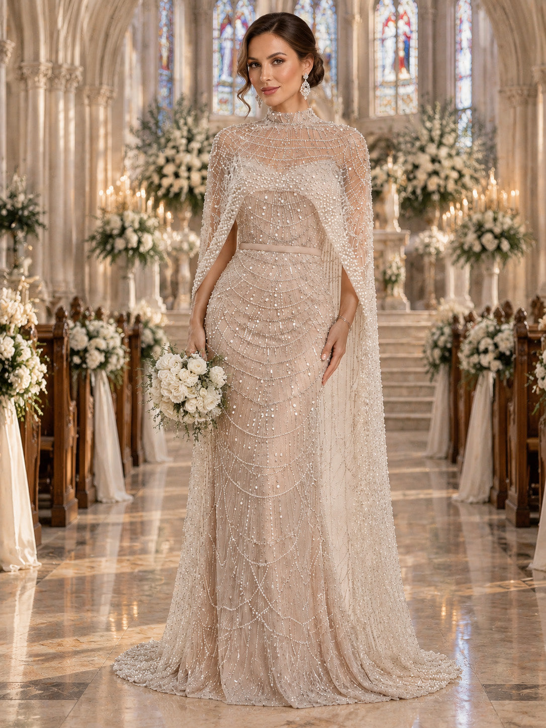 Women’s Champagne Beaded Mermaid Wedding Dress High Neck Long Sleeve Bridal Gown with Crystal Embellished Cape Detail