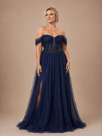 Women’s Olive Green Elegant Tulle Off Shoulder Short Sleeve A-Line Maxi Dress with Floral Appliqué