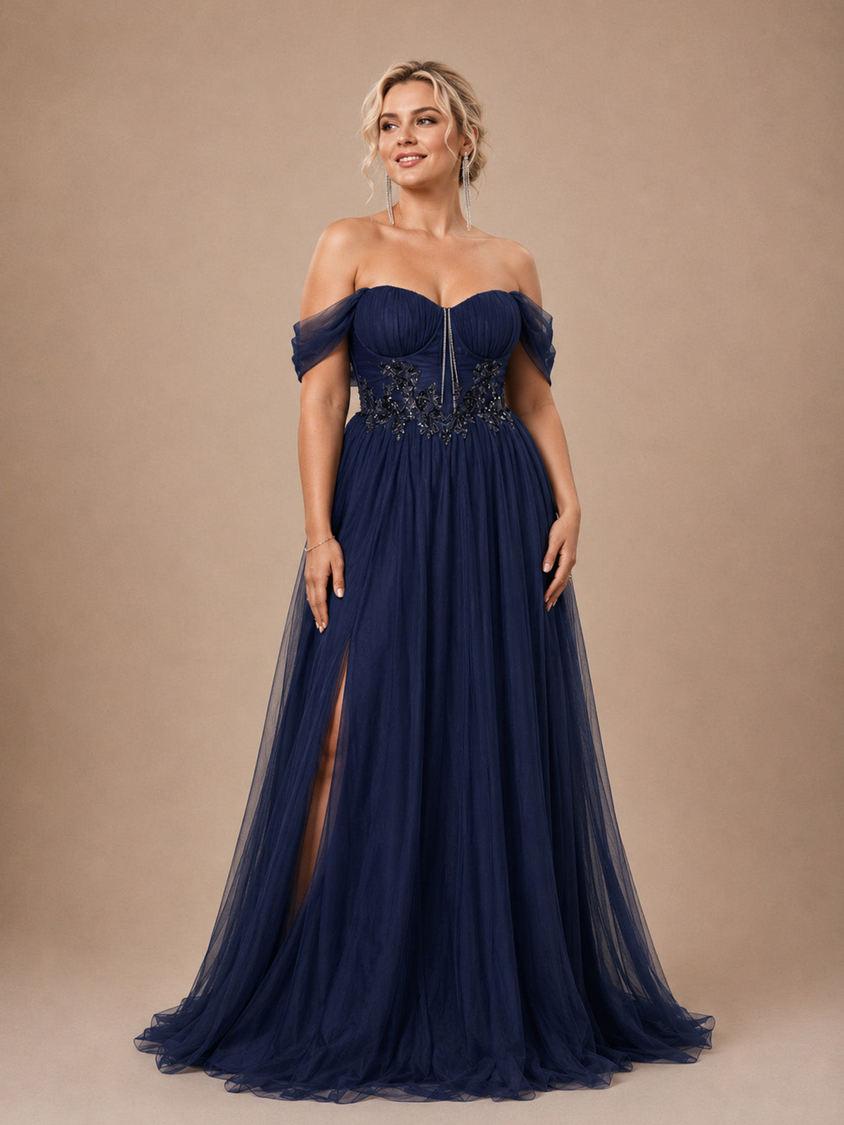 Women’s Olive Green Elegant Tulle Off Shoulder Short Sleeve A-Line Maxi Dress with Floral Appliqué