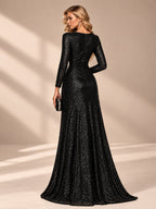 Women’s Silver Elegant Sequin V-Neck Long Sleeve A-Line Maxi Dress with Ruched Waist