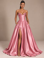 Women’s Black Glamorous Satin Strapless Sweetheart Neck Sleeveless A-Line Maxi Dress with Sequin Detail, Corset Waist and High Slit