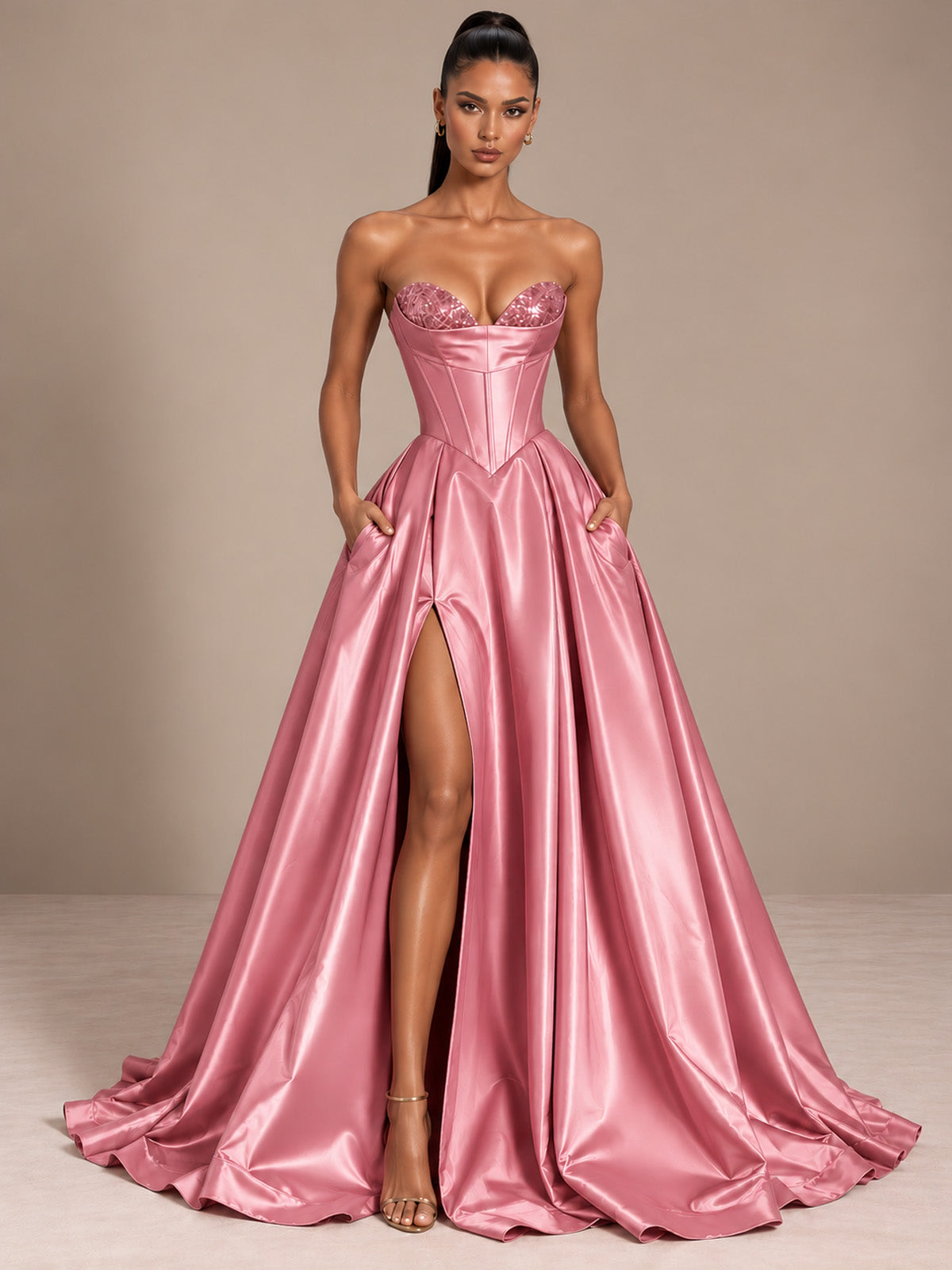 Women’s Black Glamorous Satin Strapless Sweetheart Neck Sleeveless A-Line Maxi Dress with Sequin Detail, Corset Waist and High Slit