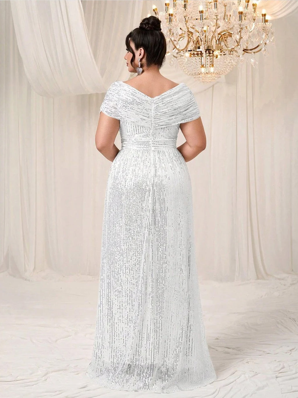 Women’s Navy Blue Glamorous Sequin Mesh V Neck Short Sleeve A-Line Maxi Dress with Pleated Wrap Bodice Detail