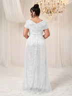 Women’s Navy Blue Glamorous Sequin Mesh V Neck Short Sleeve A-Line Maxi Dress with Pleated Wrap Bodice Detail