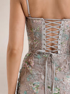 Women’s Taupe Luxe Embroidered Mesh Spaghetti Strap Mermaid Maxi Dress