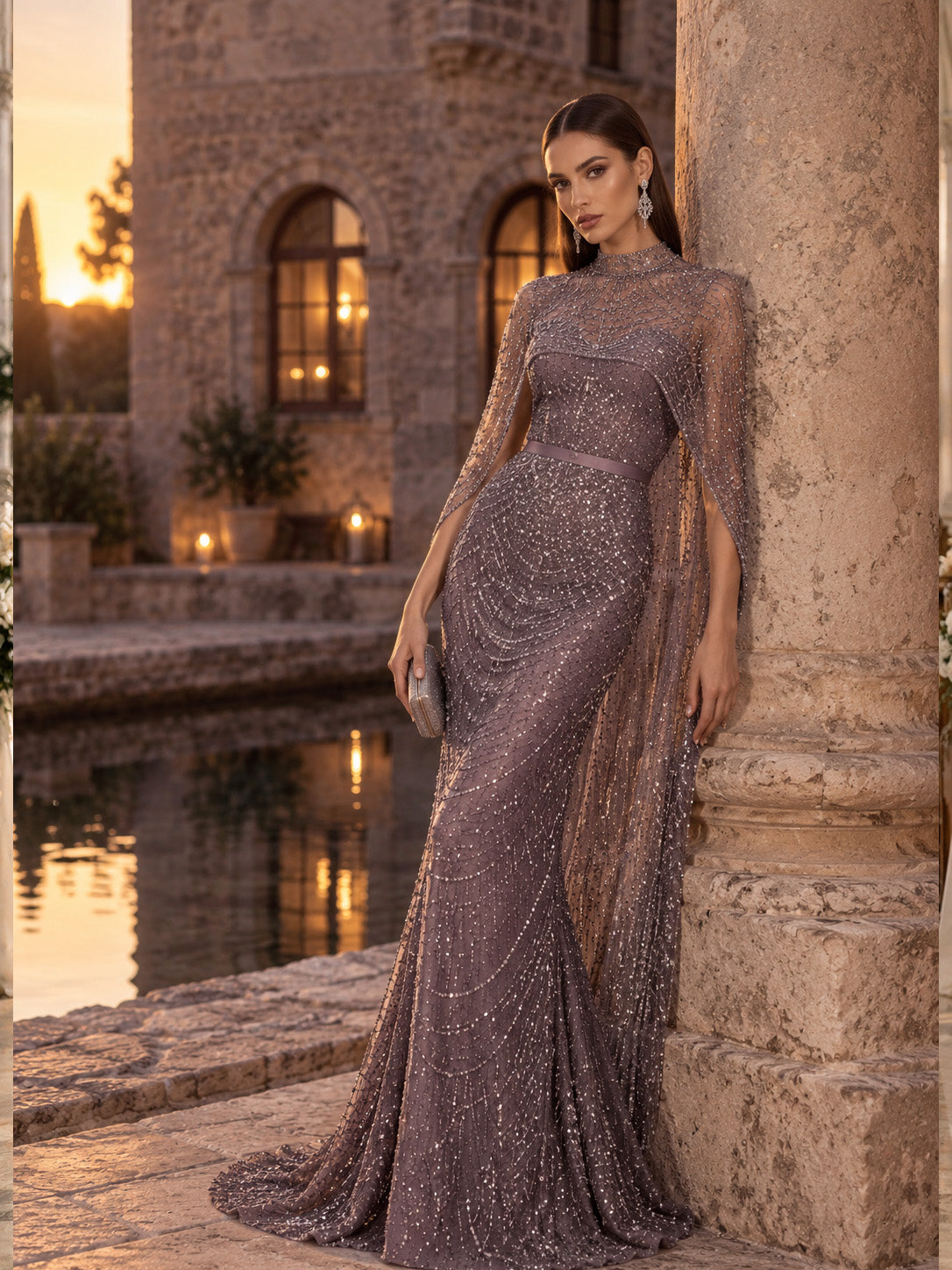 Women’s Champagne Beaded Mermaid Wedding Dress High Neck Long Sleeve Bridal Gown with Crystal Embellished Cape Detail