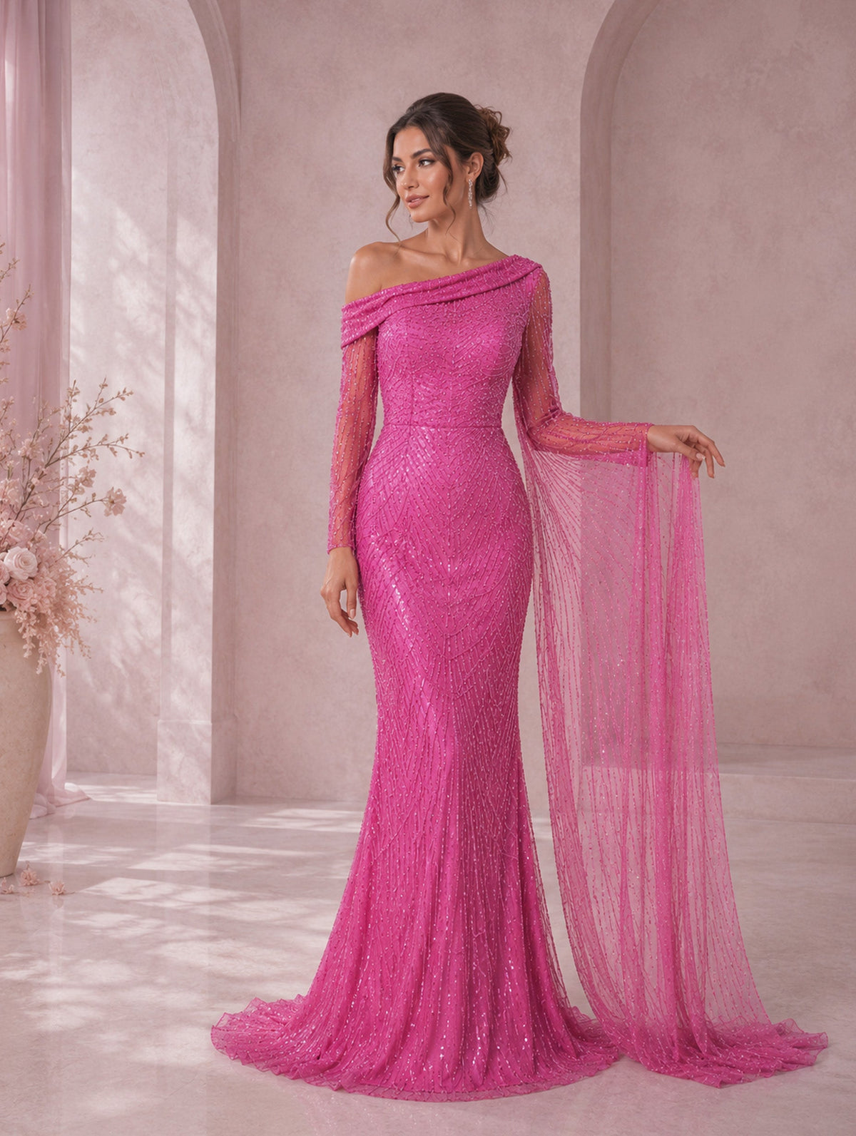 Women’s Elegant Sequin Asymmetrical Neck One Long Sleeve Regular Mermaid Maxi Dress with Beaded Detail