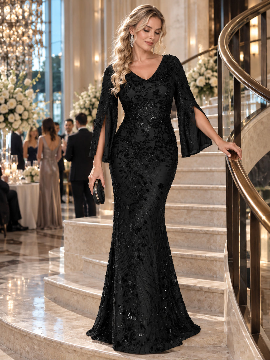 Women’s Teal Blue Elegant Sequin V-Neck Cape Sleeve Mermaid Maxi Dress with Floral Embroidery
