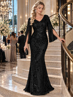 Women’s Teal Blue Elegant Sequin V-Neck Cape Sleeve Mermaid Maxi Dress with Floral Embroidery