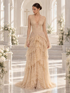 Women’s Champagne Elegant Floral Lace Deep V-Neck Long Sleeve A-Line Maxi Dress with Tiered Ruffle Detail