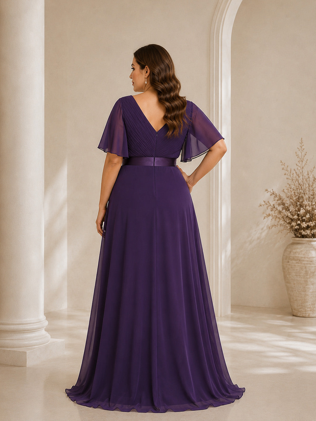Women’s White Graceful Chiffon V Neck Flutter Short Sleeve A-Line Maxi Dress with Pleated Bodice Detail