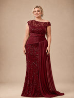 Women’s Black Elegant Sequin Lace Asymmetric Neck Cap Sleeve Mermaid Maxi Dress with Draped Side Panel
