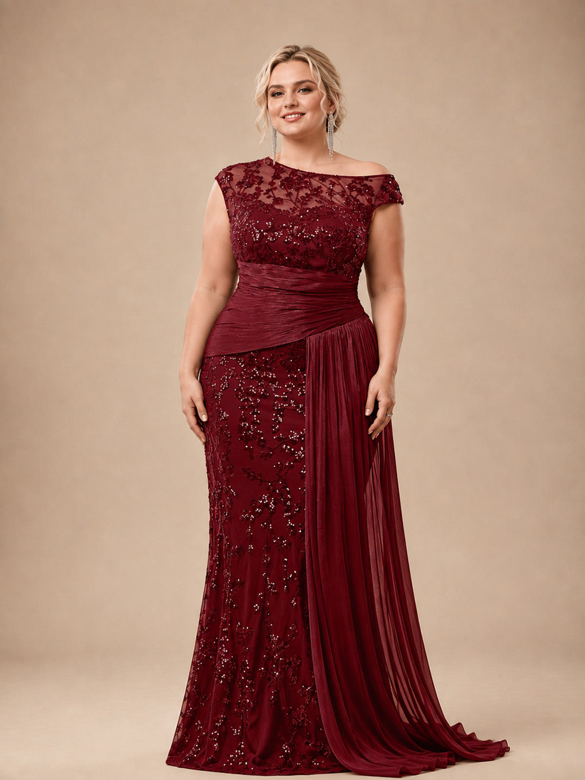 Women’s Black Elegant Sequin Lace Asymmetric Neck Cap Sleeve Mermaid Maxi Dress with Draped Side Panel