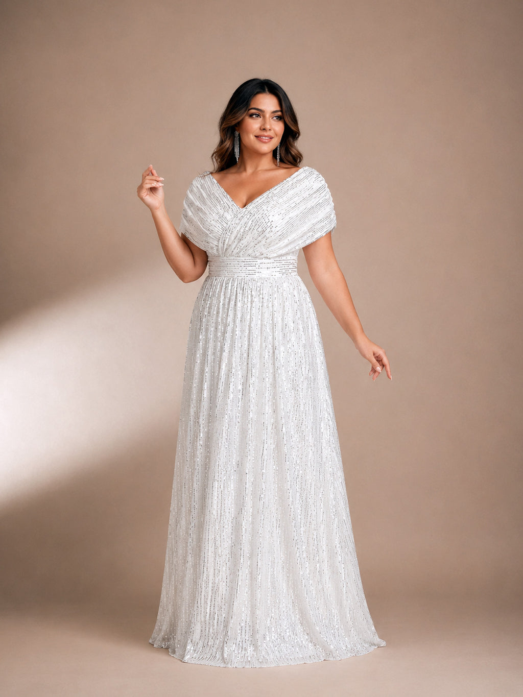 Women’s Navy Blue Glamorous Sequin Mesh V Neck Short Sleeve A-Line Maxi Dress with Pleated Wrap Bodice Detail