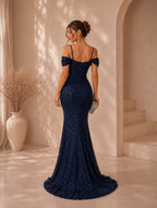 Women’s Glamorous Sequin Spaghetti Strap Cold Shoulder Slim Mermaid Maxi Dress with High Slit