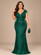 Women’s Olive Green Elegant Sequin Mesh V-Neck Cap Sleeve Mermaid Maxi Dress