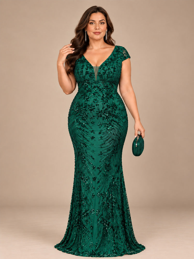 Women’s Olive Green Elegant Sequin Mesh V-Neck Cap Sleeve Mermaid Maxi Dress