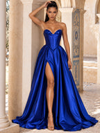 Women’s Black Glamorous Satin Strapless Sweetheart Neck Sleeveless A-Line Maxi Dress with Sequin Detail, Corset Waist and High Slit