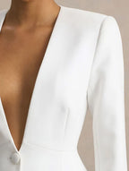 Women's Tailored Deep V-Neck Long Sleeve Blazer and Wide-Leg Pants Set with Three-Button Detail