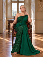 Women’s Emerald Green Elegant Sequin One Shoulder Sleeveless Mermaid Maxi Dress with Asymmetric Ruffle and Colorblock Detail