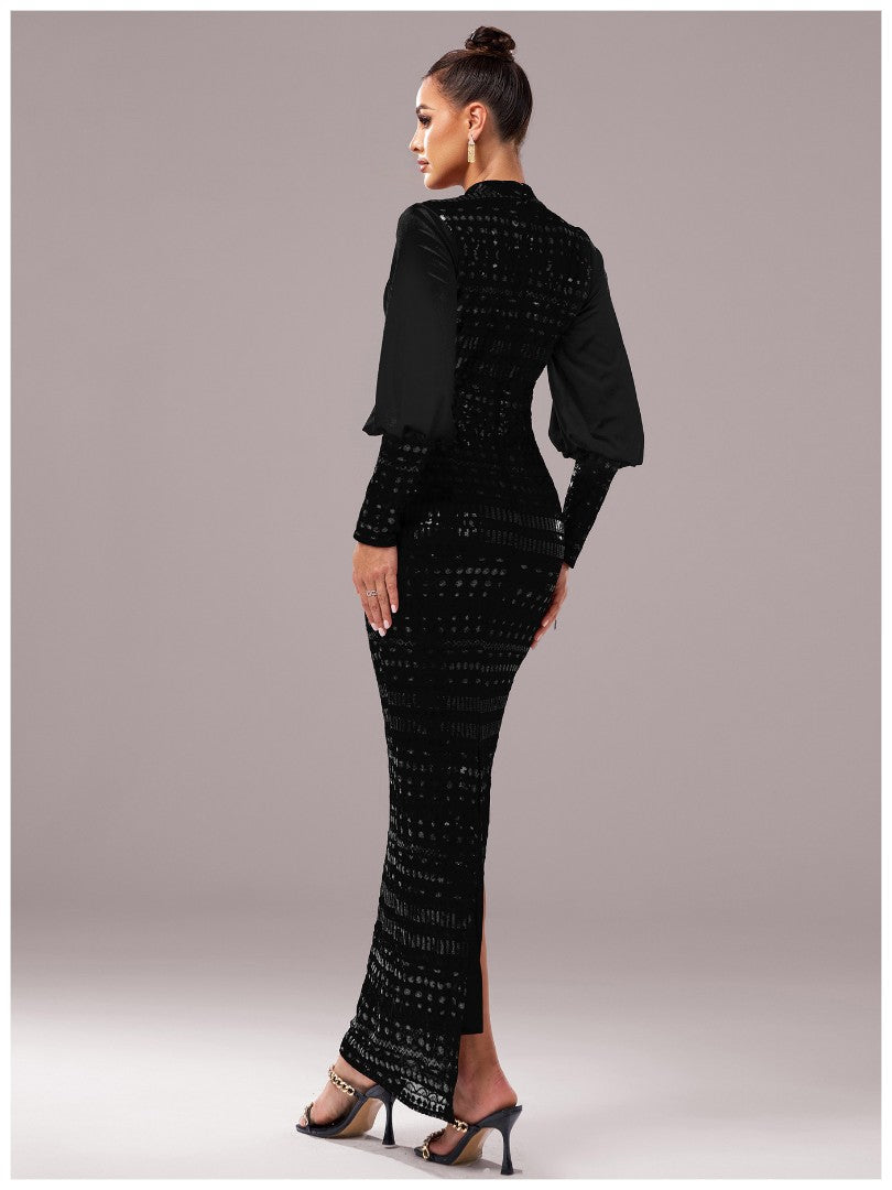 Women’s Black Elegant Sequin High Neck Puff Sleeve Long Sleeve Bodycon Maxi Dres