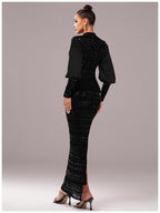 Women’s Black Elegant Sequin High Neck Puff Sleeve Long Sleeve Bodycon Maxi Dres