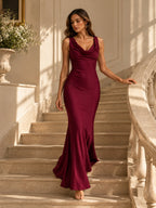 Women’s Burgundy Satin Cowl Neck Sleeveless Slim Mermaid Maxi Dress