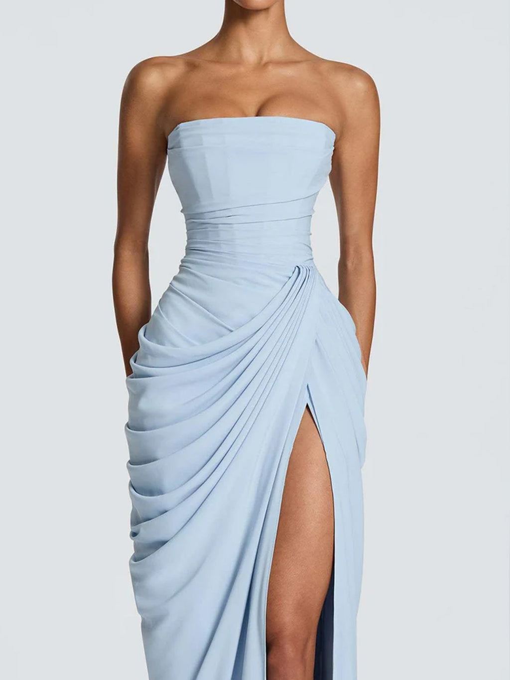 Women’s Pale Yellow Glamorous Strapless Sleeveless Slim Fit Maxi Dress with Ruched High Slit Detail
