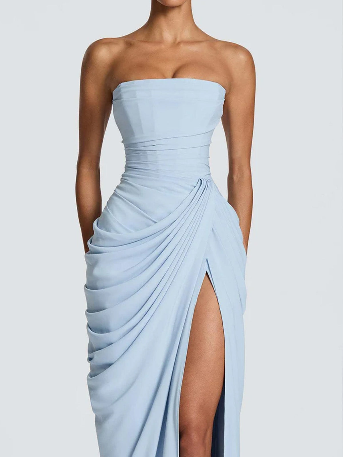 Women’s Pale Yellow Glamorous Strapless Sleeveless Slim Fit Maxi Dress with Ruched High Slit Detail
