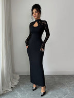 Women’s Black Elegant Lace High Neck Sheer Long Sleeve Sheath Maxi Dress with Sweetheart Bodice Detail
