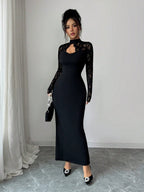 Women’s Black Elegant Lace High Neck Sheer Long Sleeve Sheath Maxi Dress with Sweetheart Bodice Detail