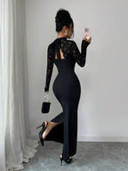 Women’s Black Elegant Lace High Neck Sheer Long Sleeve Sheath Maxi Dress with Sweetheart Bodice Detail