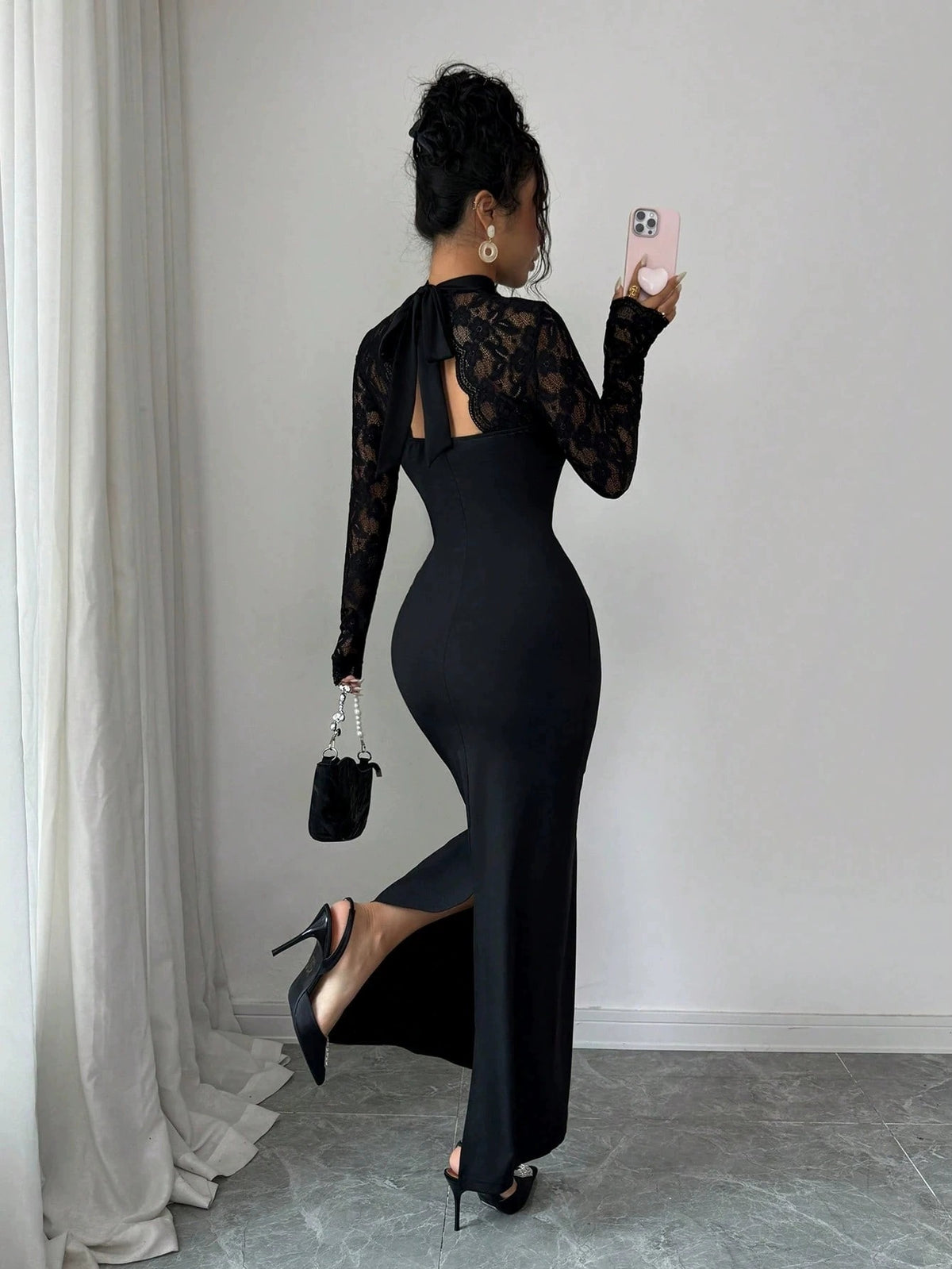 Women’s Black Elegant Lace High Neck Sheer Long Sleeve Sheath Maxi Dress with Sweetheart Bodice Detail